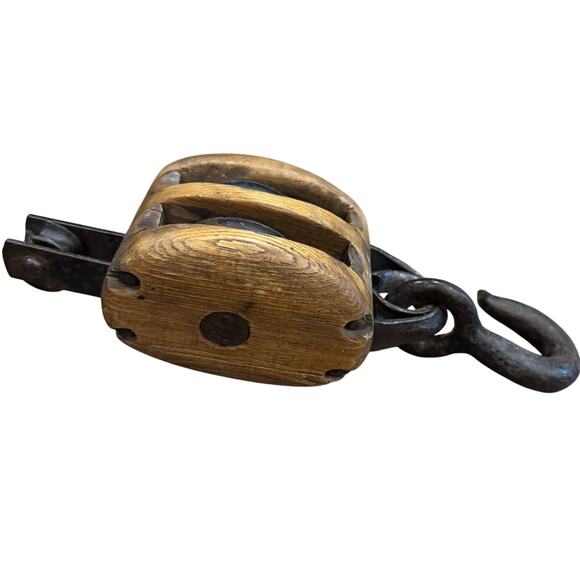 VTG 12” Block And Tackle Double 2 Wheeled Metal/Wood Pulley Farm Barn Nautical
